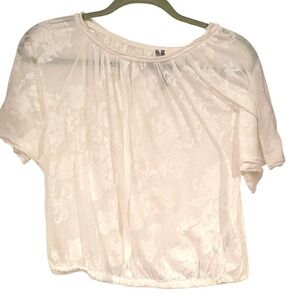 Anthropologie Ivory Floral Lace Sheer Blouse Top Short Sleeve Size S Cropped